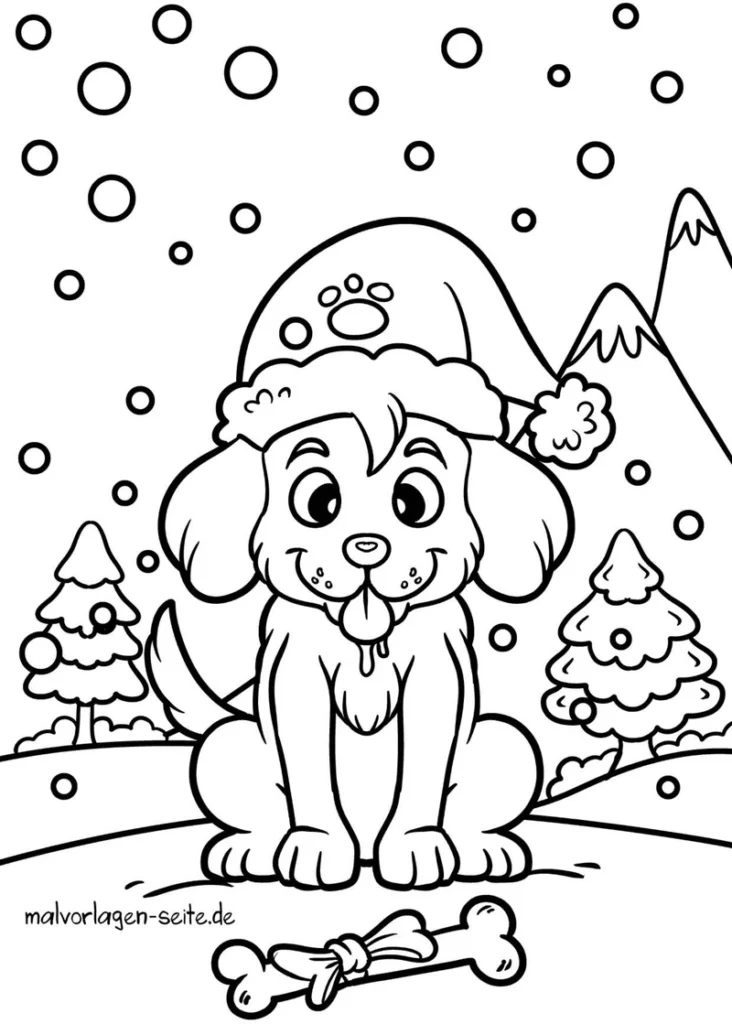 hund-im-schnee-mit-weihnachtsmann-hut-und-knochen