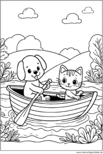 hund-katze-im-ruderboot-ausmalbild
