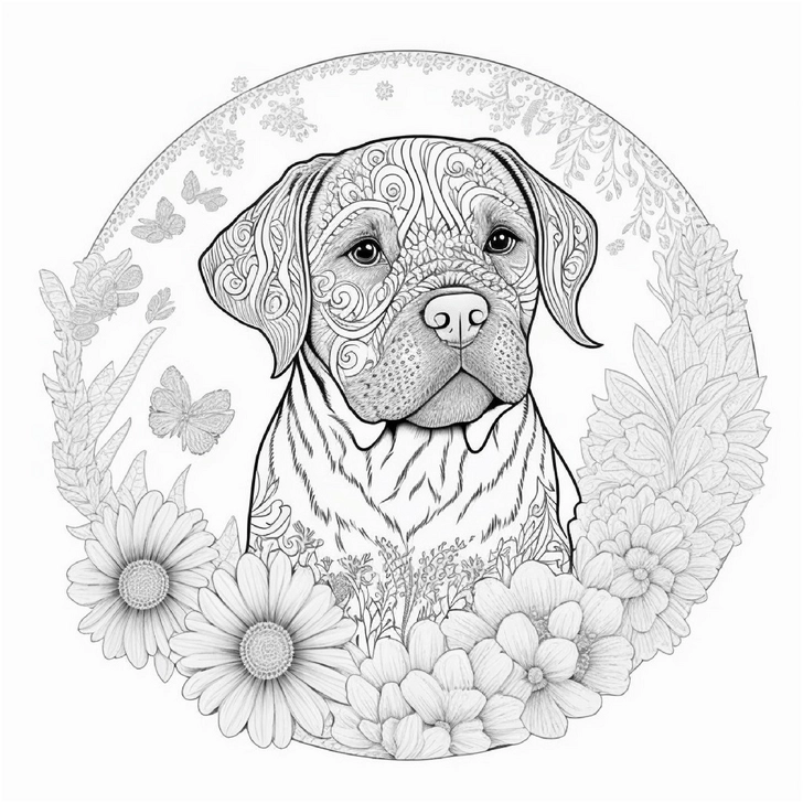 hund-mit-blumen-und-schmetterlingen-malvorlage