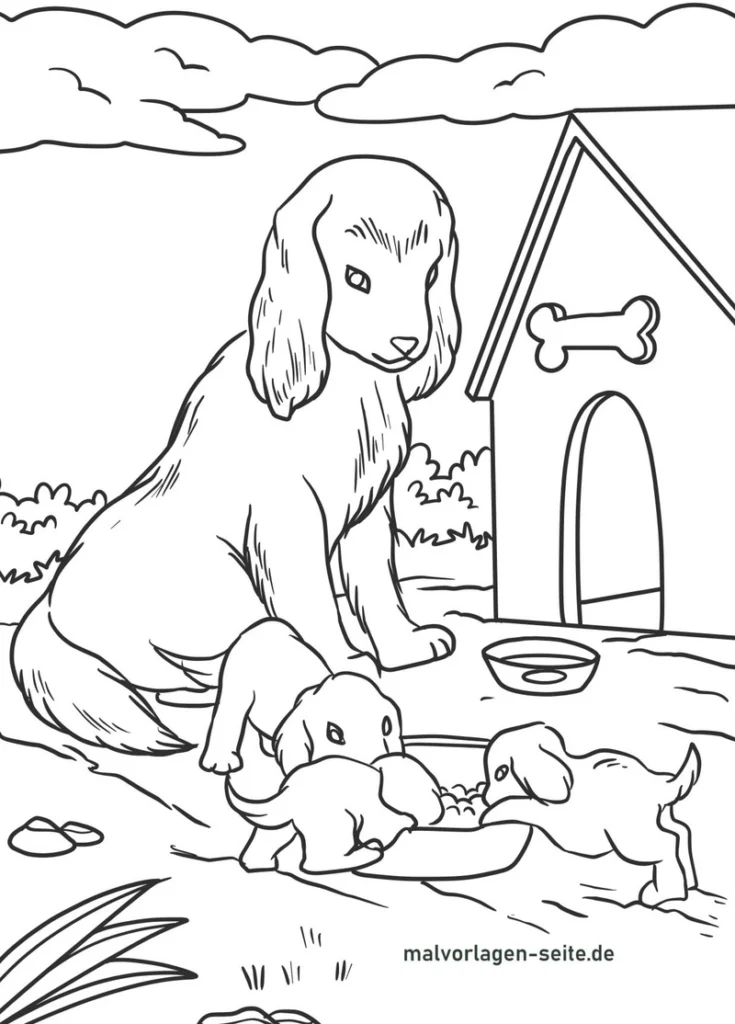 hunde-mit-welpen-im-garten