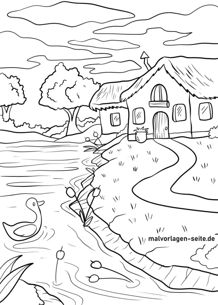 idyllische-landschaft-mit-haeuschen-und-entchen