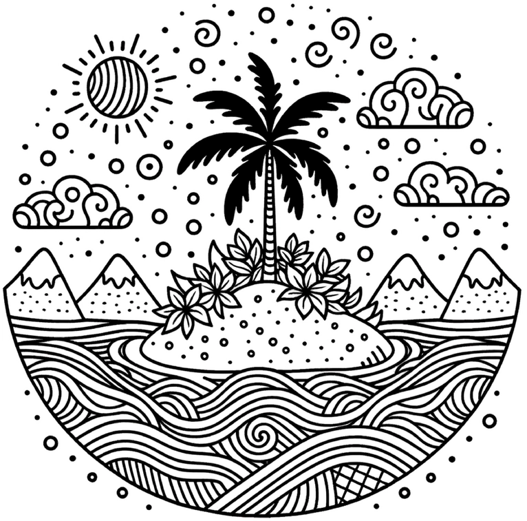 insel-mit-palme-und-bergen-ausmalvorlage