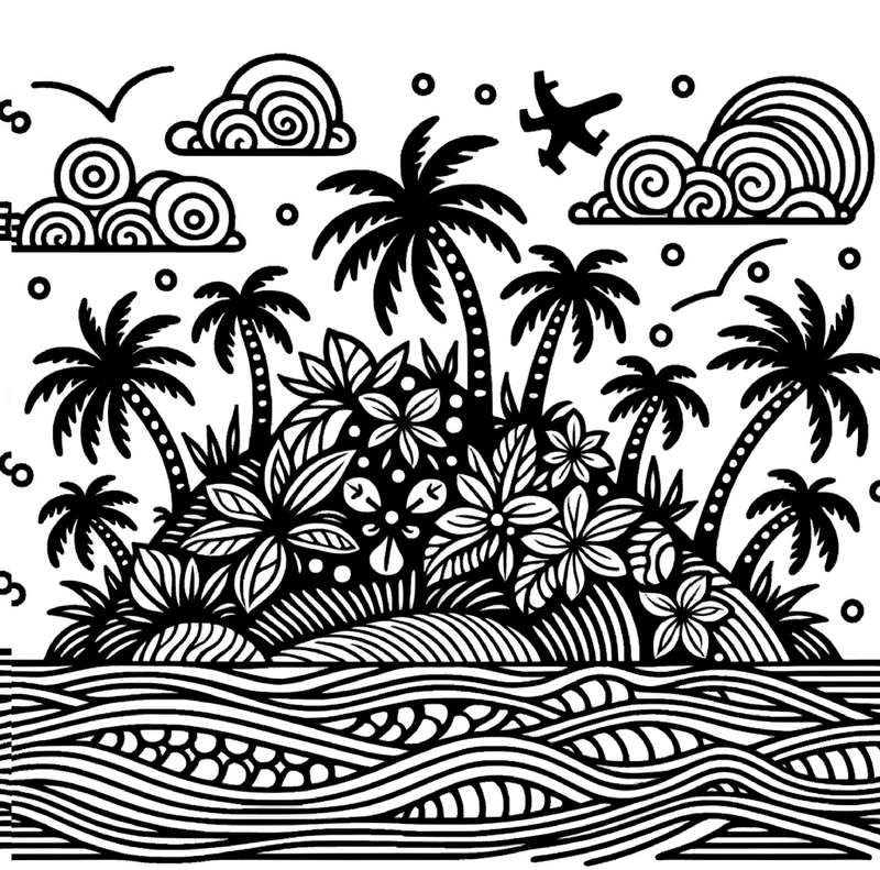 insel-mit-palmen-und-flugzeug-ausmalvorlage