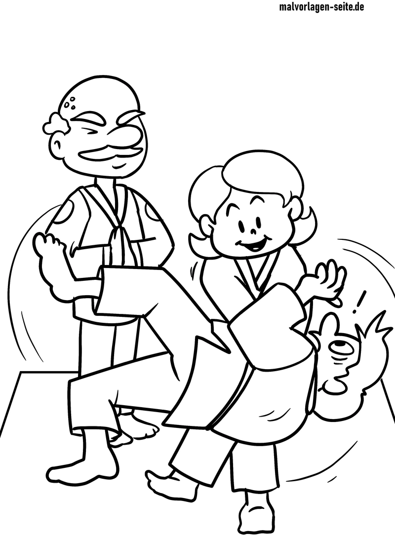 judo-szene-kinder-trainer-ausmalvorlage