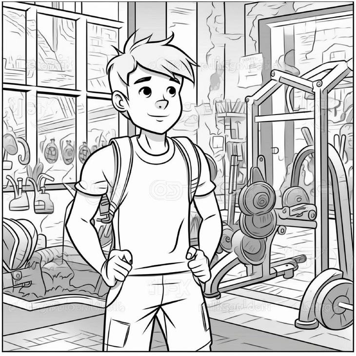 junge-im-fitnessstudio-mit-sportgeraeten-ausmalen
