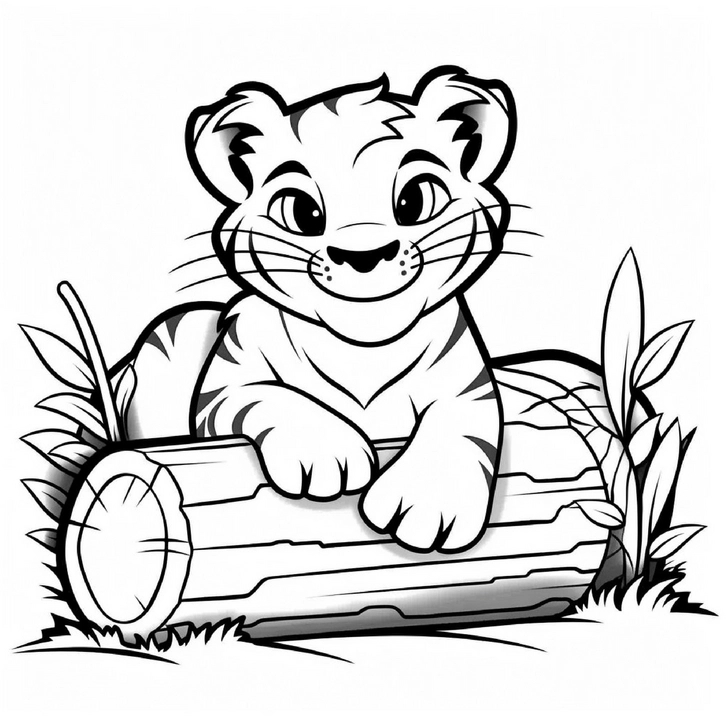 junger-tiger-auf-baumstamm-malvorlage