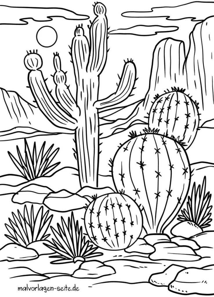 kaktuslandschaft-mit-wuestenpflanzen-und-sonne