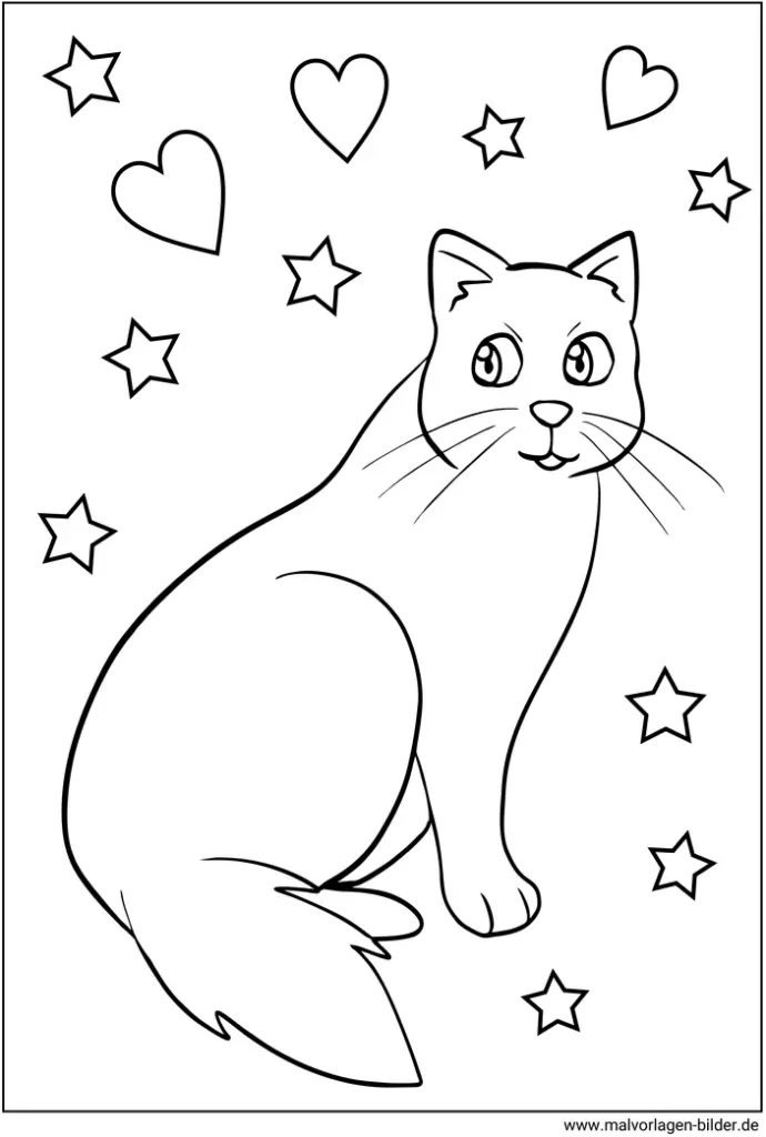 katze-ausmalvorlage-mit-sternen-und-herzen