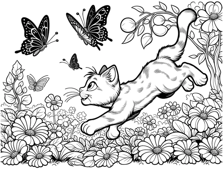 katze-blumen-und-schmetterlinge-ausmalbild