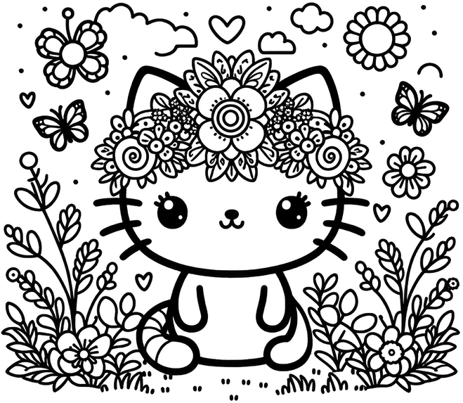 katze-blumenkranz-ausmalbild