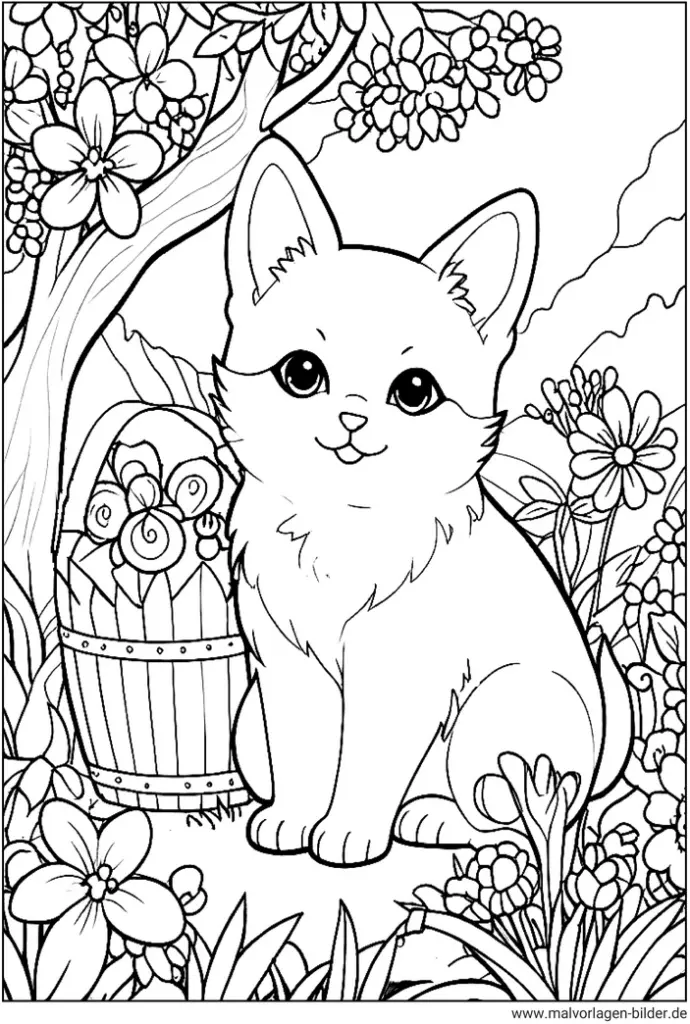 katze-im-garten-blumen-ausmalvorlage