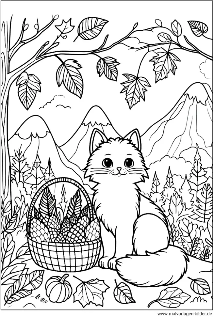 katze-im-herbstwald-ausmalbild