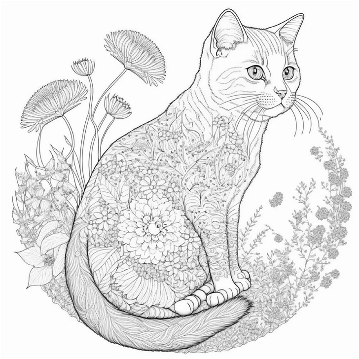katze-mit-blumen-muster-ausmalvorlage