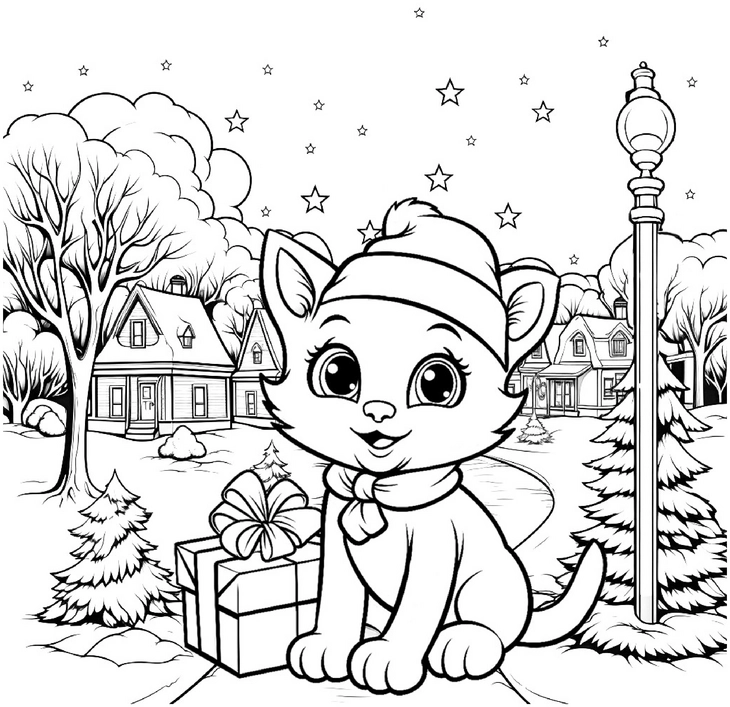 katze-mit-geschenk-in-winterlandschaft-malvorlage