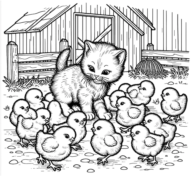 katze-und-kueken-bauernhof-ausmalbild