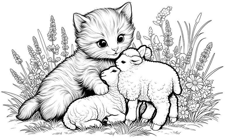 katze-und-laemmer-in-der-natur-ausmalvorlage