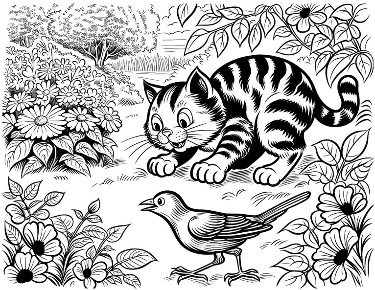 katze-vogel-blumenfeld-ausmalvorlage