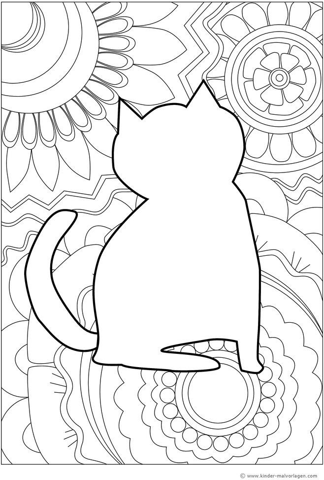katze-vor-blumen-hintergrund-ausmalvorlage