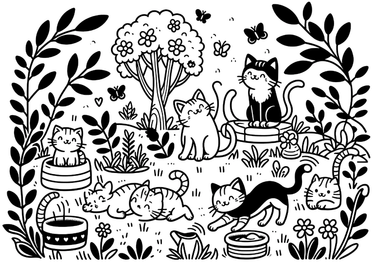 katzenlandschaft-mit-pflanzen-und-schmetterlingen