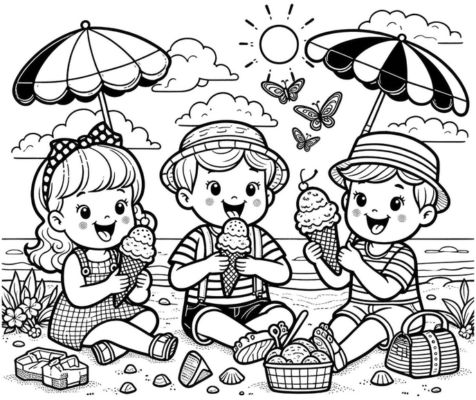 kinder-am-strand-mit-eis-und-schmetterlingen