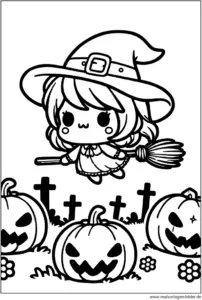 kleine-hexe-mit-kuerbissen-halloween-ausmalvorlage