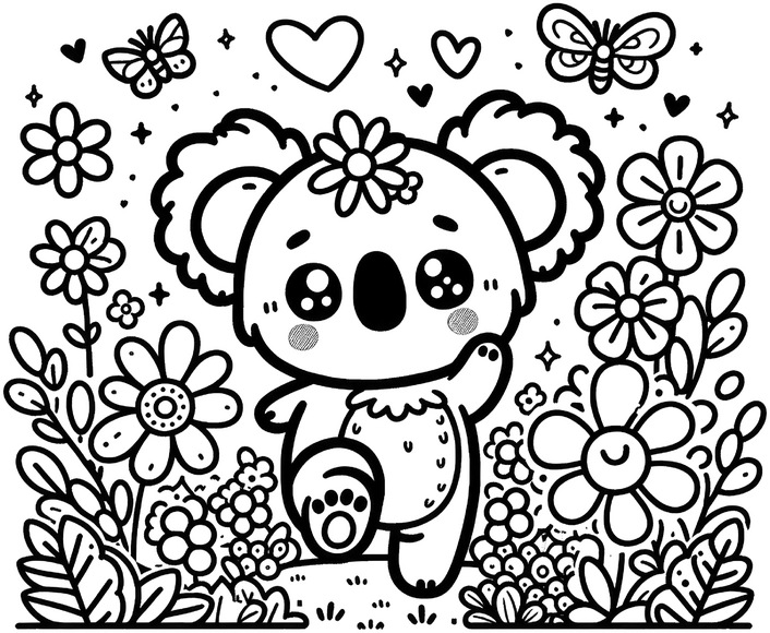 koala-ausmalvorlage-blumen-und-schmetterlinge