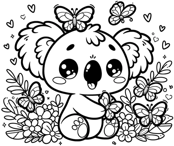 koala-ausmalvorlage-mit-schmetterlingen-und-blumen