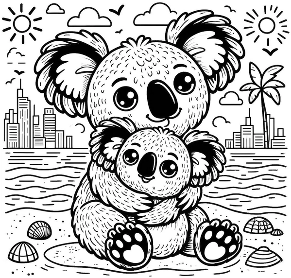 koala-und-baby-am-strand-ausmalvorlage