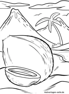 kokosnuss-am-strand-mit-vulkan-und-palmen