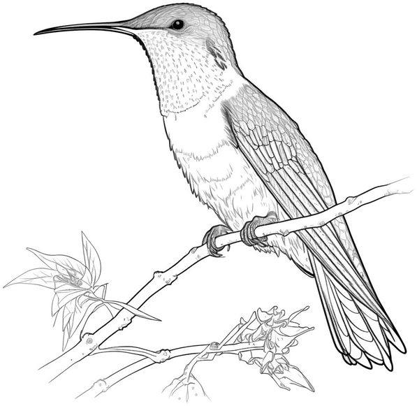 kolibri-ausmalvorlage-auf-einem-ast-mit-pflanzen
