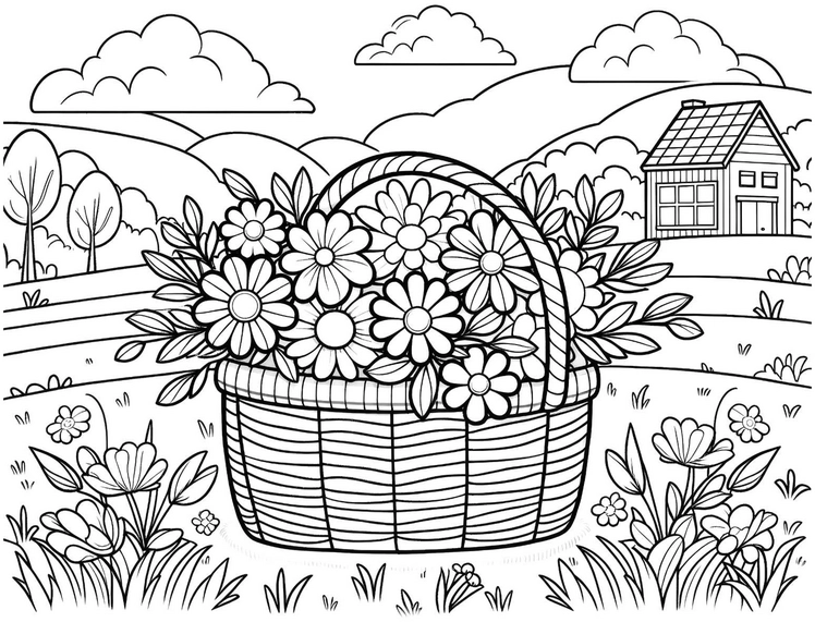 korb-mit-blumen-und-huegel-landschaft