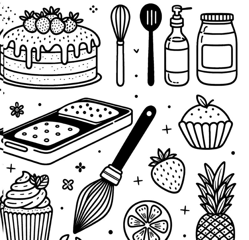 kuchen-fruechte-kuechenutensilien-malvorlage