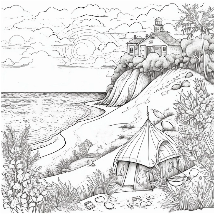 kuestenlandschaft-mit-zelt-und-haus