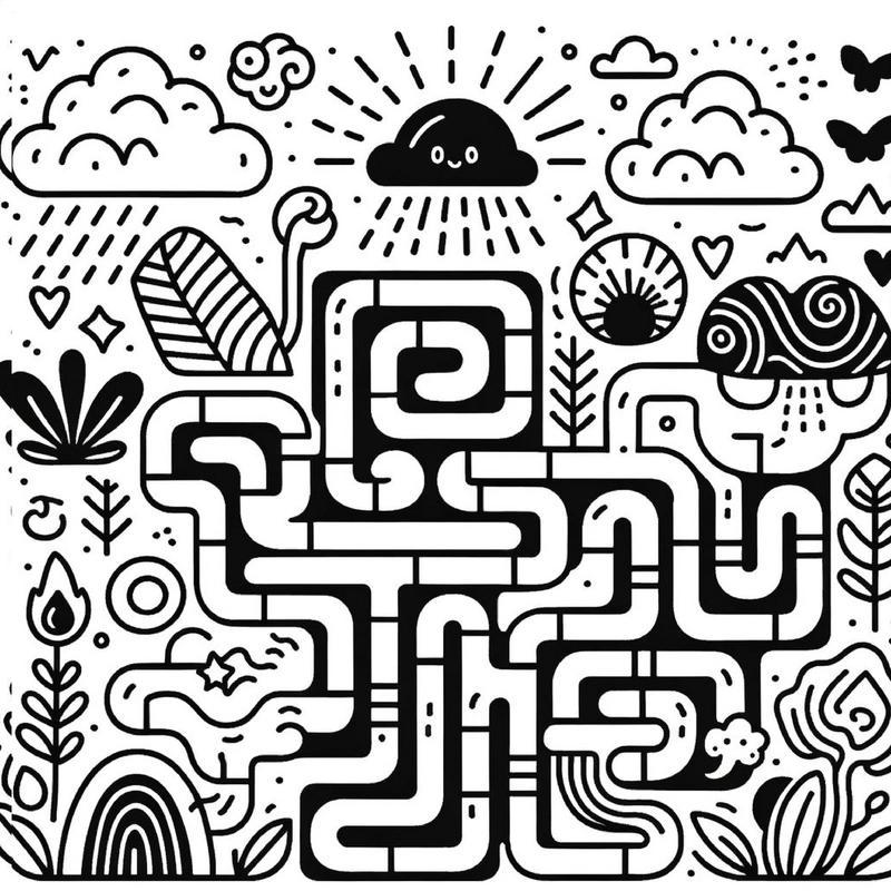 labyrinth-mit-natur-fantasiesymbolen-ausmalvorlage