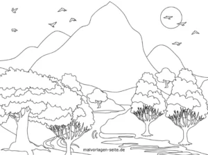 landschaft-mit-bergen-und-fluss-malvorlage