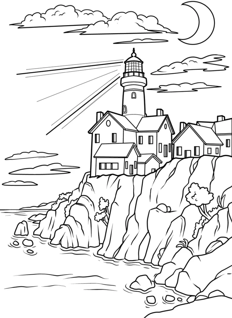 leuchtturm-auf-klippe-mit-haeusern-und-wolken