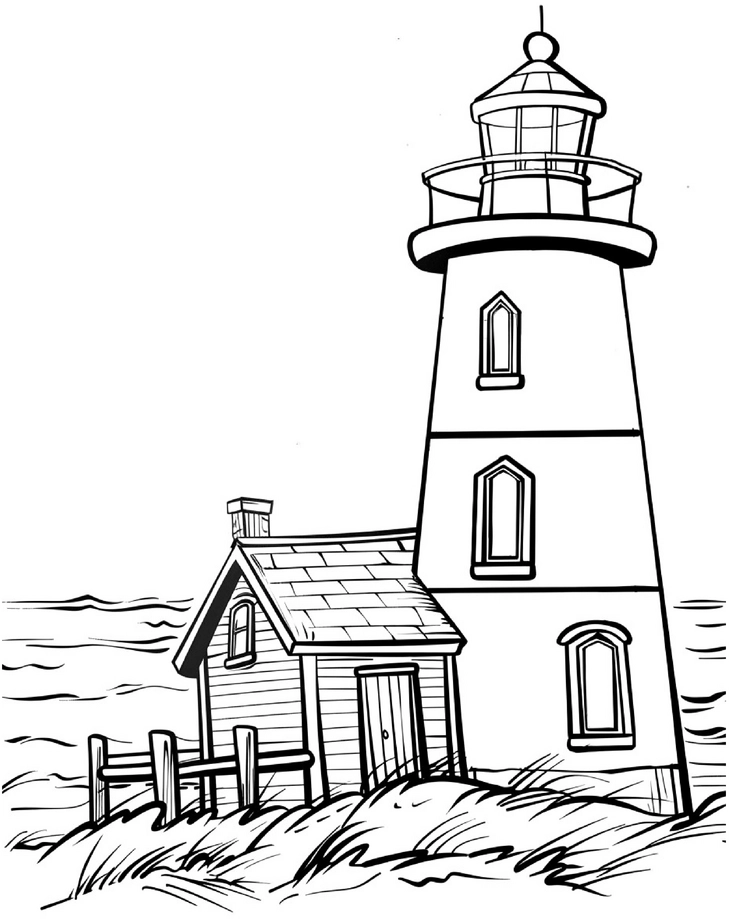 leuchtturm-mit-haus-und-meer-ausmalvorlage