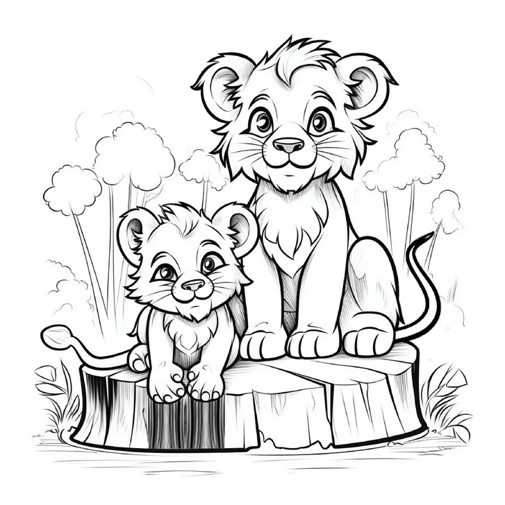 loewe-und-junges-auf-baumstamm