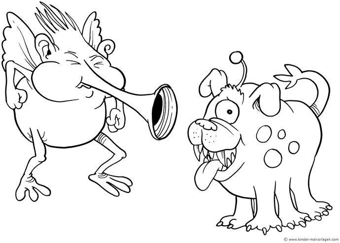 lustiger-trompeter-und-hund-malvorlage