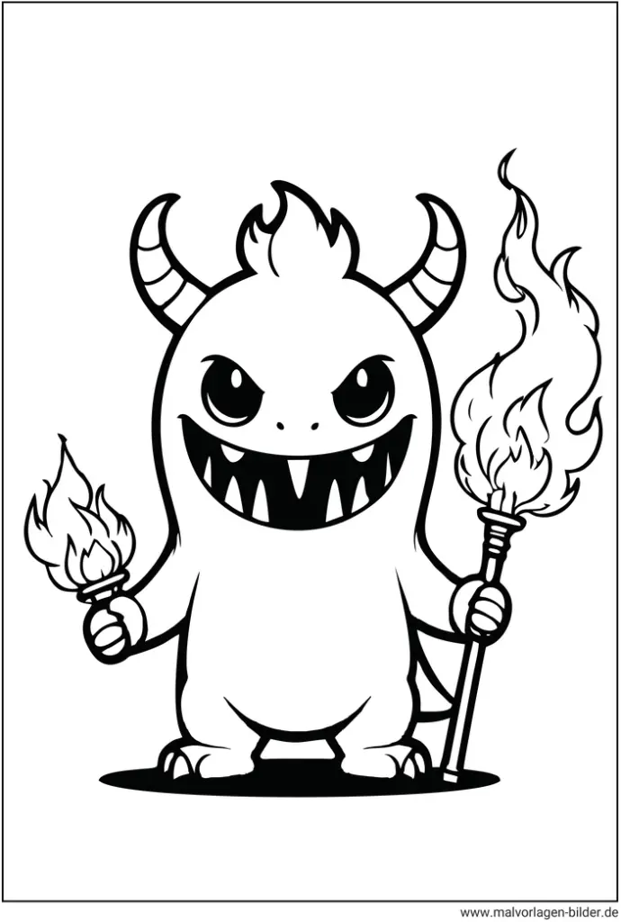 lustiges-monster-mit-fackeln-ausmalvorlage