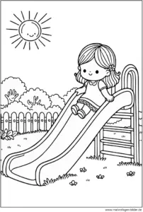 maedchen-auf-der-rutsche-im-garten-ausmalbild