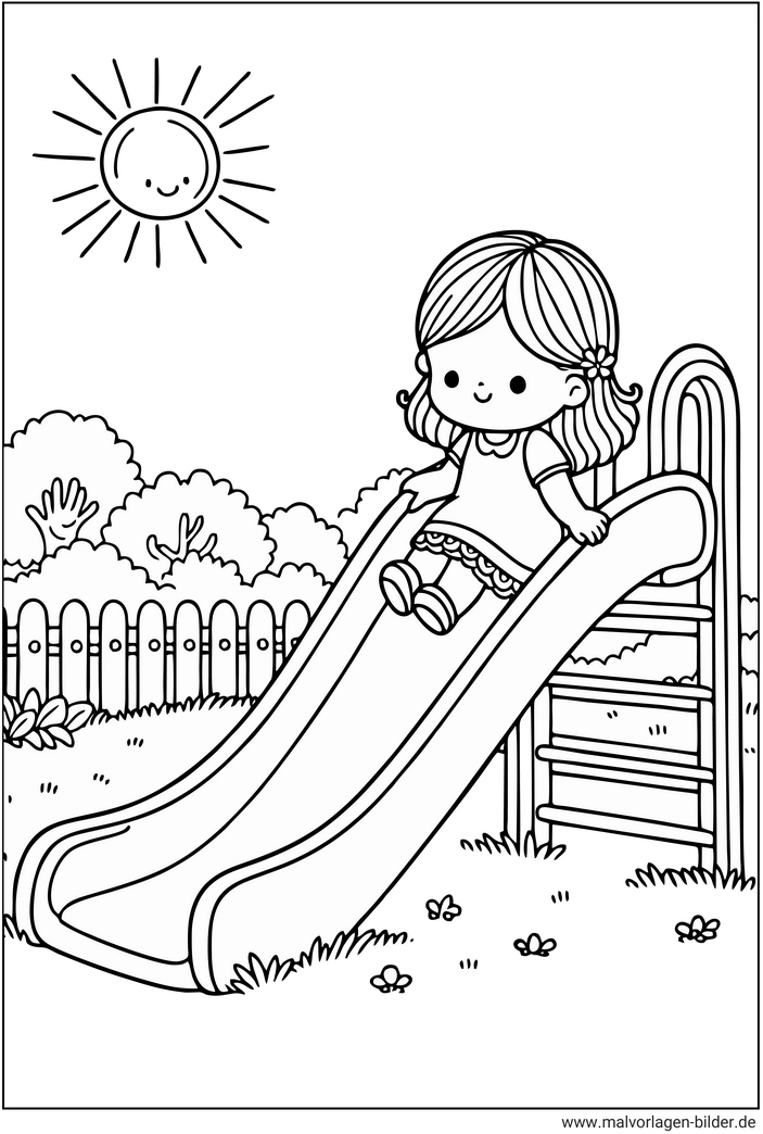 maedchen-auf-der-rutsche-im-garten-ausmalbild