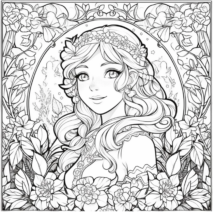 maedchen-blumenrahmen-malvorlage