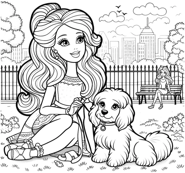 maedchen-mit-hund-im-park-ausmalbild