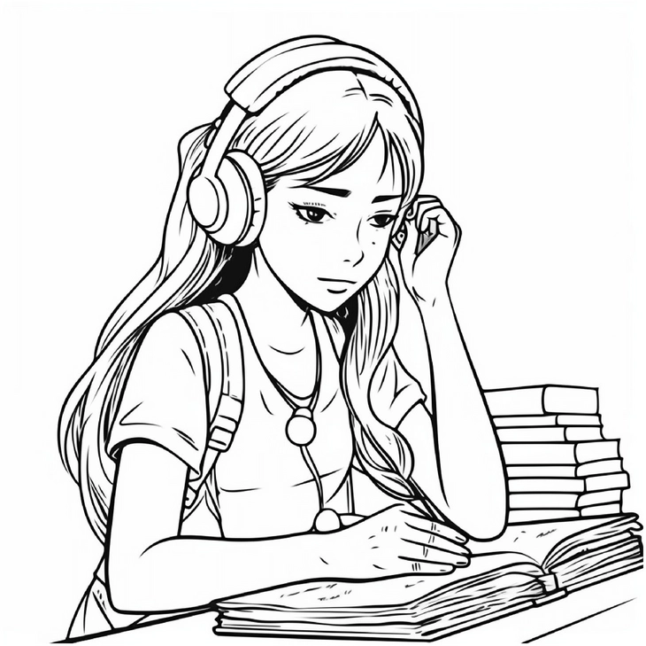 maedchen-mit-kopfhoerern-und-buch-malvorlage