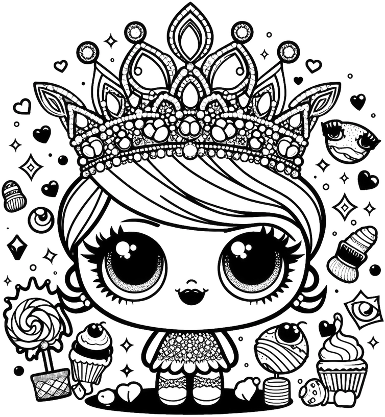 maedchen-mit-krone-und-suessigkeiten-ausmalvorlage