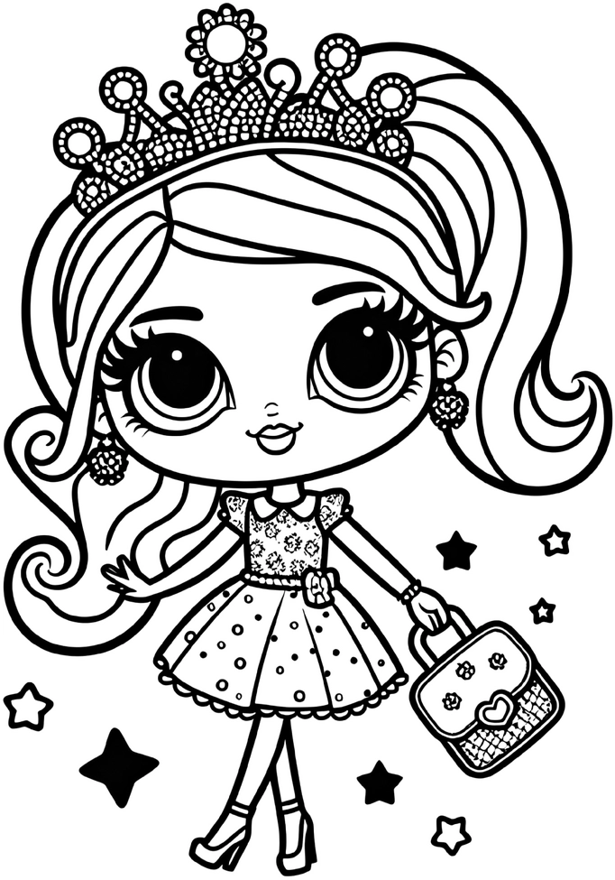 maedchen-mit-krone-und-tasche-ausmalbild