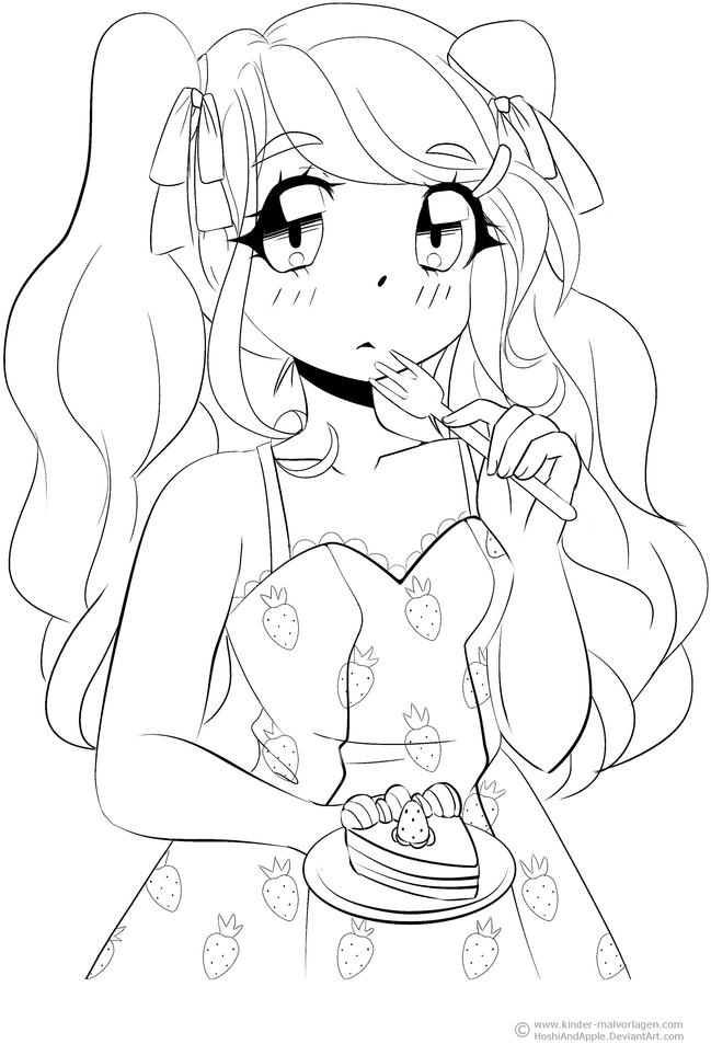 maedchen-mit-kuchen-und-erdbeeren-ausmalvorlage