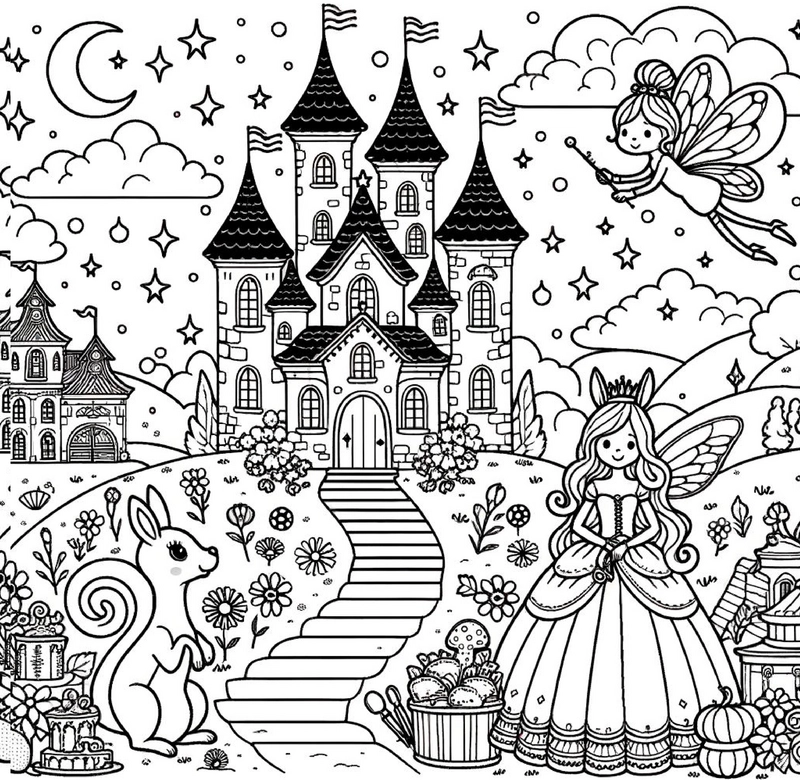 maerchenhafte-feenwelt-mit-eichhoernchen-ausmalvorlage