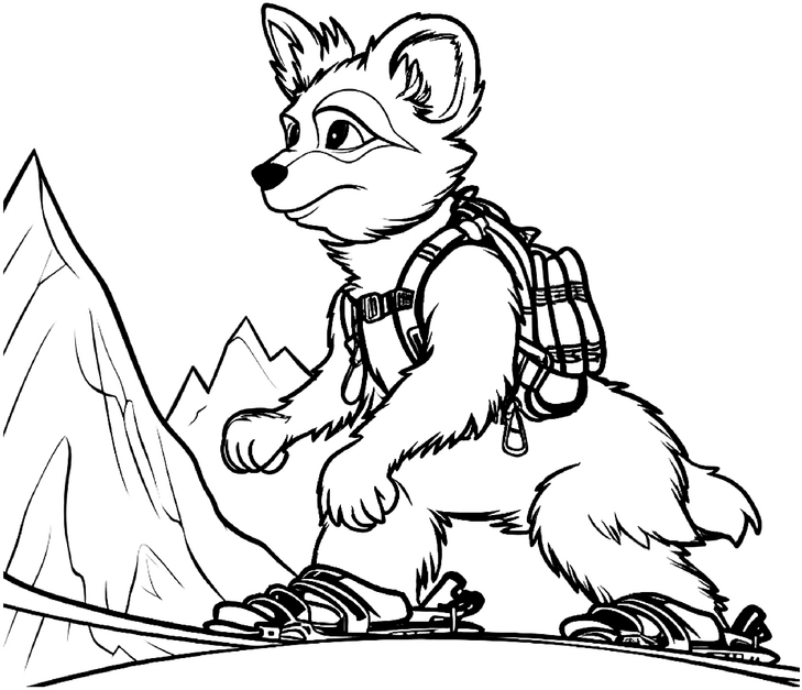 malvorlage-abenteuerliches-tier-auf-skiern-in-den-bergen